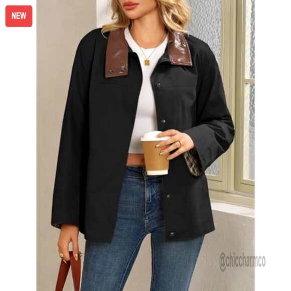 Oversized Trench Coat with Leather Collar Plaid Cuffs Windproof Fall Jacket - Picture 3 of 6